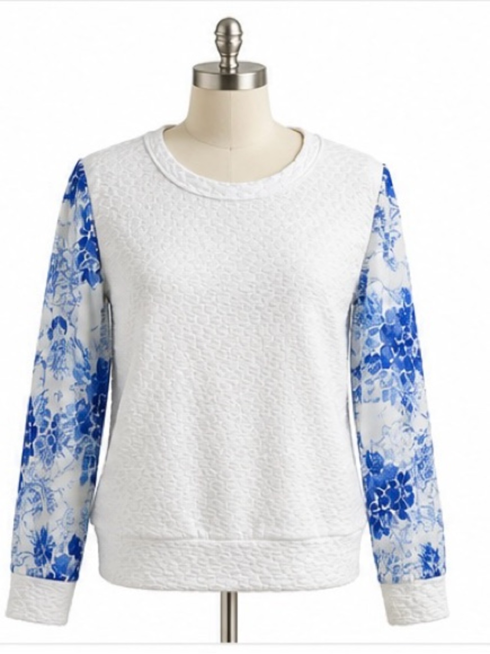 White Sweatshirt with Blue Floral Sleeves